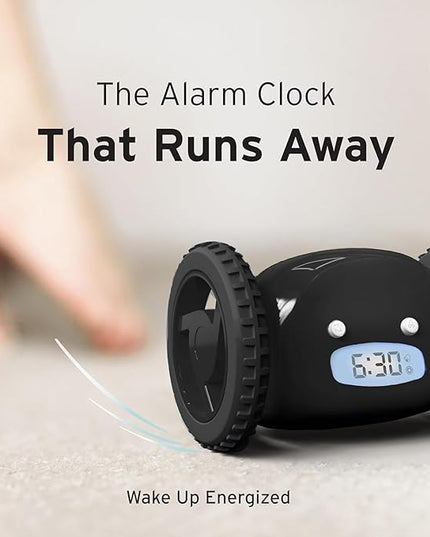 CLOCKY Extra Loud Alarm Clock for Heavy Sleepers on Wheels Rolls Runaway Vibrating Easy To Set Super Smart Snooze Digital Bed Shaker Alarm Clock Funny Gift for Adults Kids Teens Bedroom (Black Wheels)
