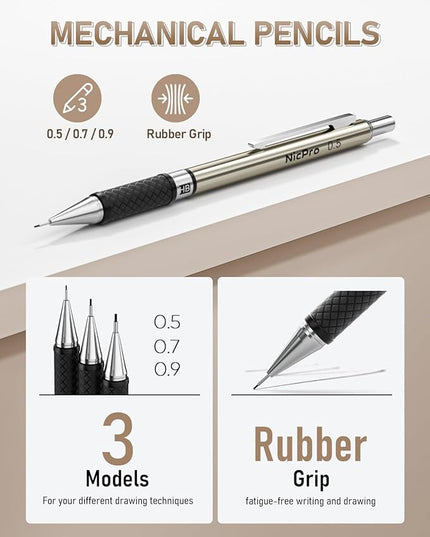 Nicpro 30PCS Art Mechanical Pencil Set in Leather Case, Metal Drafting Pencil 0.5 mm, 0.7 mm, 0.9 mm & 3 PCS 2mm Lead Holders for Sketching Drawing With 16 Tube (6B 4B 2B HB 2H 4H Colors) Lead Refills