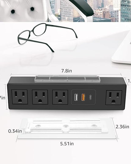 HHSOET Under Desk Power Strip with 3M Adhesive, Removable Under Desktop Mount Plug with Fast Charging USB C and USB A Ports, 4 Outlet Under Table Surge Protector 1200J, 6FT Extension Cord. (Black)