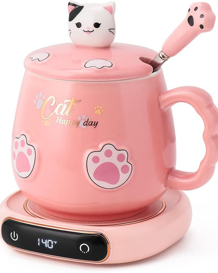 Bgbg Coffee Mug Warmer & Cute Cat Mug Set, Electric Beverage Cup Warmer for Desk Home Office with Three Temperature Up to, Coffee Warmer for Cocoa Milk Tea Water Candle, 8 Hours Auto Shut Off