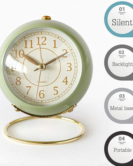 SHISEDECO Small Tableclocks Classic Non-Ticking Tabletop Alarm Clock with Backlight, Battery Operated Astronaut Deskclock with HD Glass for Living Room Bedroom Bedside Indoor Decor (Green)