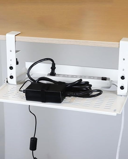 AEONS Universal Under Desk Cable Management Tray-Clamp Mount Hinged Swing Modesty Panel Organizer for Office Desks Easy Access Flip-Down position Power Strip Cord Storage No-Drill 25 lb Capacity White