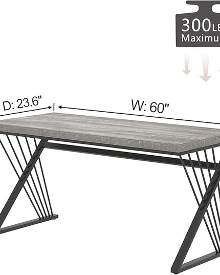 FOLUBAN Modern Desk, Rustic Wood and Metal Computer Desks for Home Office, Simple Study Writing Work Table for Bedroom Living Room, Light Grey, 60 Inch
