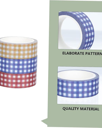 VILLCASE 12 Rolls Vintage Grid Pattern Washi Tape Retro Decorative Paper Tapes for DIY Journals Scrapbooking Planners Crafts Red Blue Yellow for Creative Stationery and Wrapping