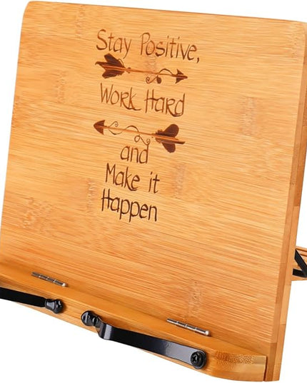 MEGREZ Bamboo Book Stand 11 x 8.0 inch, Foldable Cookbook Holder with 6 Adjustable Height, Reading Book Holder for Recipe, Music Book, Textbook, Tablet Stand, Stay Positive