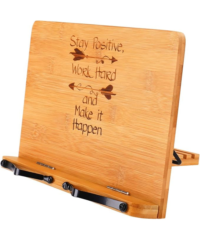 MEGREZ Bamboo Book Stand 11 x 8.0 inch, Foldable Cookbook Holder with 6 Adjustable Height, Reading Book Holder for Recipe, Music Book, Textbook, Tablet Stand, Stay Positive