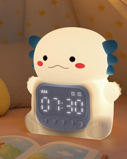 Axolotl Alarm Clock with Night Light for Kids, Rechargeable Silicone Lamp Time to Wake Clock Cute Animal Tabletop Lamp, Perfect Sleep Companion for Boys Girls, White