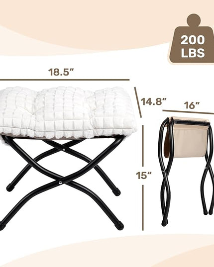 HollyHOME 15"(H) Folding Footrest Stool, Upholstered Small Foldable Ottoman, Accent Padded Sofa Foot Stool for Lazy Chair, Metal Portable Foot Rest Ottoman for Living Room, Bedroom, Faux-Fur White