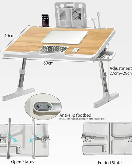 Laptop Desk for Bed, Adjustable Beds Table with USB Charge Port, Foldable Laptop Table with Storage Drawer, Portable Laptop Bed Desk Tray for Eating Working Writing Reading (Yellow)