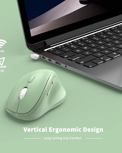 Ergonomic Wireless Mouse with USB Receiver for PC Computer, Laptop and Desktop, Ergo Vertical Mouse with Silent Clicks Long Battery Life, Up to 1600 DPI & 1 AA Battery Powered, Green