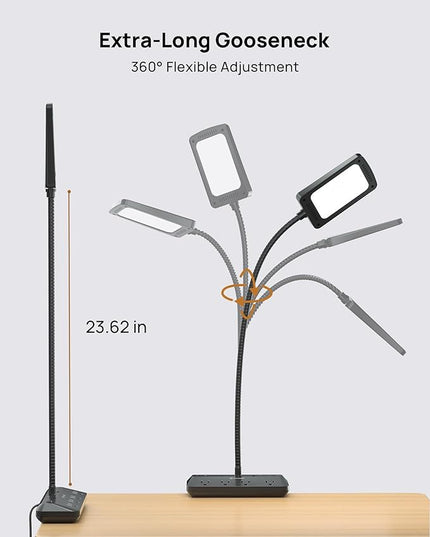 TROND LED Desk Lamp with Clamp Power Strip - Eye Caring Desk Light with 4 Surge Protector Outlet, 15 Lighting Mode, 6ft Flat Plug Extension Cord, Gooseneck for Home Office College Dorm Room Essentials