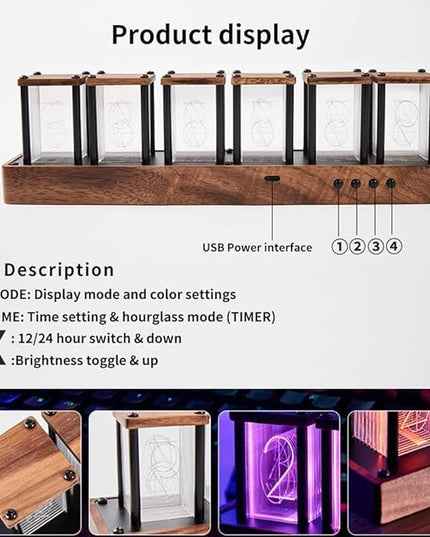 Adventurers Nixie Tube Clock , Cool Clock, Retro Wooden Shell /LED Full Color Custom RGB and 12/24h Display,Decorate Room
