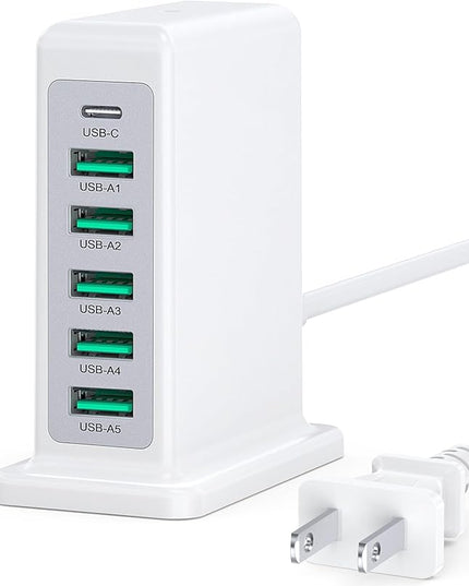 USB Charger Block, 45W 6-Port Charging Station for Multiple Devices, USB A and Type-C Charger Tower Fast Charging Dock Hub Power Strip for iPhone iPad Tablets Android Smartphones, Home Office Use