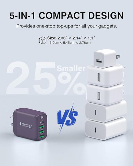 60W 2-Pack USB C Wall Charger Block, 5-Port C Charger Fast Charging Block PD Power Adapter +QC 3.0 Multiport Type C Box Brick Cube USB A Wall Plug for iPhone 14/15/16/17 Pro Max,Samsung Galaxy(Purple)