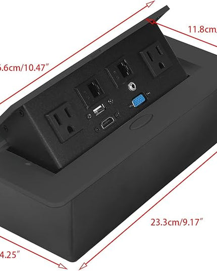 Table Pop up Power Strip Box Desktop Pop Up Outlet Recessed Multimedia Strip Socket Conference Table Power Hub Hidden Table Connection Box with Outlet Network HDMI for Office Desk (Black-A)