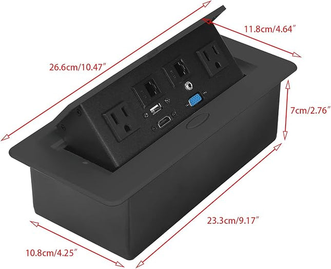 Table Pop up Power Strip Box Desktop Pop Up Outlet Recessed Multimedia Strip Socket Conference Table Power Hub Hidden Table Connection Box with Outlet Network HDMI for Office Desk (Black-A)