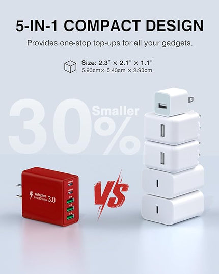USB C Wall Charger Block, 2Pack 60W USB C Charger 5-Port PD Fast Charging Blocks,QC 3.0 USB A Multiport Plug,Type C Power Adapter Brick Cube for iPhone 17/16/15/14/13/Pro,Samsung,for Switch/Pixel（Red）