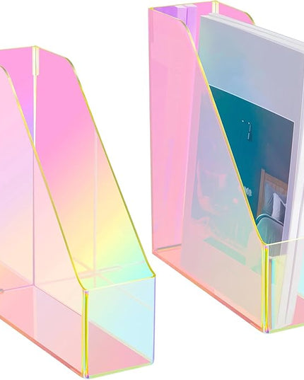 2 Pcs Iridescent Vertical Magazine File Holder Acrylic Magazine Holder Storage Organizer Plastic Clear Acrylic Rack for Office Classroom Home Document Paper Book Collection