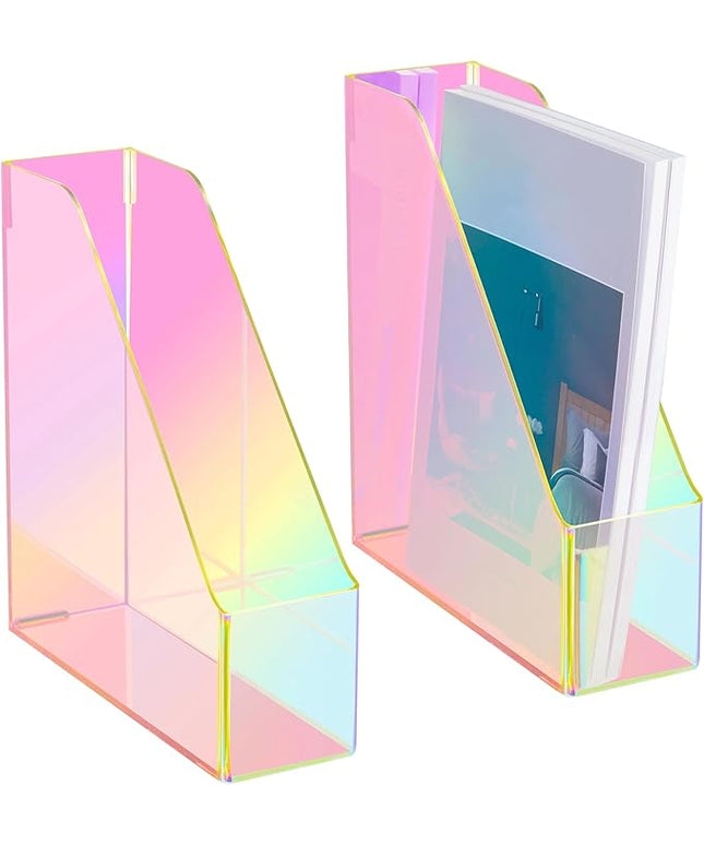 2 Pcs Iridescent Vertical Magazine File Holder Acrylic Magazine Holder Storage Organizer Plastic Clear Acrylic Rack for Office Classroom Home Document Paper Book Collection