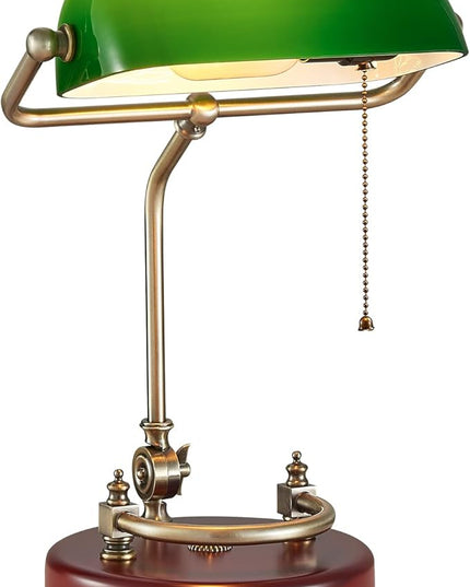 Bankers Lamp, Traditional Green Desk Lamp with Solid Birch Wood Base, Green Glass Antique Library Lamp with Pull Chain Switch, Plug in Vintage Bankers Desk Lamp for Office, Study Room 【E26 Socket】
