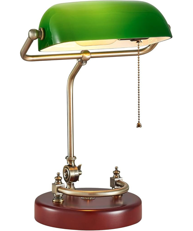 Bankers Lamp, Traditional Green Desk Lamp with Solid Birch Wood Base, Green Glass Antique Library Lamp with Pull Chain Switch, Plug in Vintage Bankers Desk Lamp for Office, Study Room 【E26 Socket】