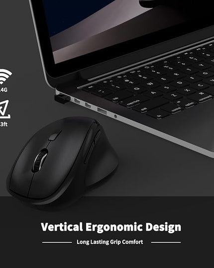 Ergonomic Wireless Mouse with USB Receiver for PC Computer, Laptop and Desktop, Ergo Mouse Vertical with Silent Clicks Long Battery Life, Up to 1600 DPI & 1 AA Battery Powered, Black