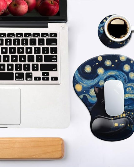 Ergonomic Mouse Pad with Wrist Support,Mouse Pad with Wrist Rest and Coaster Set,Office Supplies Non-Slip Mouse Pads for Desk, Non-Slip Comfortable,Cute Black Cat