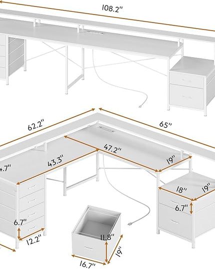 SEDETA L Shaped Desk with 6 Drawer, 108" Home Office Desk with File Drawer & Power Outlet, Corner Computer Desk with Monitor Shelf, File Cabinet, Two Person Desk, Gaming Desk with Led Lights, White