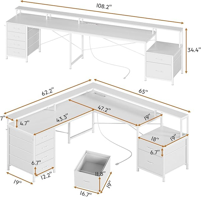 SEDETA L Shaped Desk with 6 Drawer, 108" Home Office Desk with File Drawer & Power Outlet, Corner Computer Desk with Monitor Shelf, File Cabinet, Two Person Desk, Gaming Desk with Led Lights, White