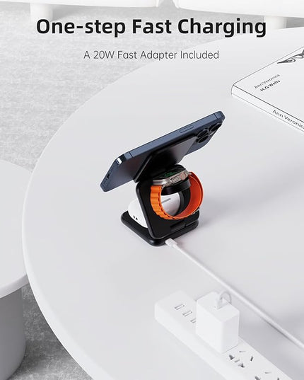 Foldable Magnetic Wireless Charger, KU XIU X40 Aluminum Alloy 3 in 1 Charging Station for Apple, Fast Charging Travel Charger for iPhone 17 16 15 14 13 12, 5W for Apple Watch & AirPods, Black