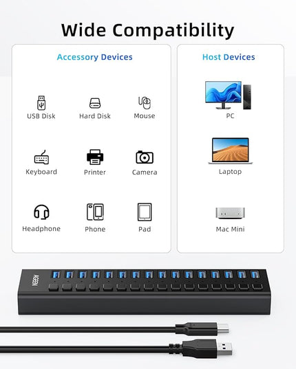 AGEEN 16-Port USB 3.2 Gen 2 Hub, 10Gbps High-Speed Aluminum Powered Hub with 96W Adapter, Individual Switches & Surge Protection for PC/Laptop, Flash Drive, Printer, Camera