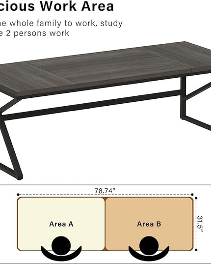 HSH Extra Long Home Office Desk, Industrial Metal Wood Computer Desk, Large PC Laptop Table for Two Person Executive Writing Work Study Gaming, Bedroom Living Room Dual Monitor Desk, Dark Gray,78 Inch