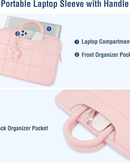 MOSISO Laptop Case 13.3 inch, 13-14 inch Puffy Laptop Sleeve Compatible with MacBook Air 13 13.6/Pro 13/Pro 14,HP Acer Dell ASUS Lenovo, Rectangle Quilted Computer Bag with Handle&Flower Pendant, Pink