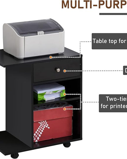 Vinsetto Mobile Printer Stand, Rolling File Cabinet Cart with Wheels, Adjustable Shelf, Drawer and CPU Stand, Black