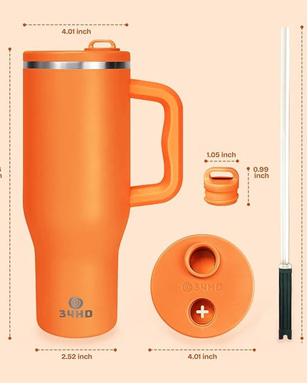 34HD 40 oz Stainless Steel Tumbler - Leakproof Insulated Water Bottle with Handle, Magnetic Lid and Flexible Straw - Iced for 48 Hours – Perfect for Men, Women, Birthday Gift, Orange - Tangerine Glow