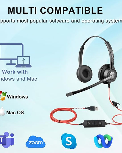 Callez Wired USB Headset with ENC Dual Noise Cancelling Mics, On-Ear Computer Headset for PC Laptop, Professional Work Headphones for Home Office Teams Skype Zoom Call Center, MS Teams Call Control