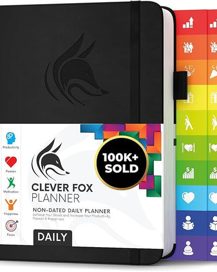 Clever Fox Daily Planner – Undated Planning Notebook with Hourly Schedule & To-Do List – Personal Day Task & Work Organizer, 6 Months (Black)