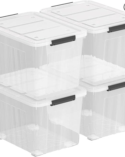 70 Quart 4 Pack Plastic Storage Bins with Latch Lids and Wheels, Clear Large Latching Storage Container