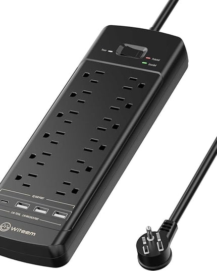 Surge Protector Power Strip - 12 Outlets,3 USB+USB-C 3.4A Ports, 6Ft Extension Cord, 1875W/15A, 4360Joules, Overload Protection - Ideal for Home & Office Use (Black-USBC)