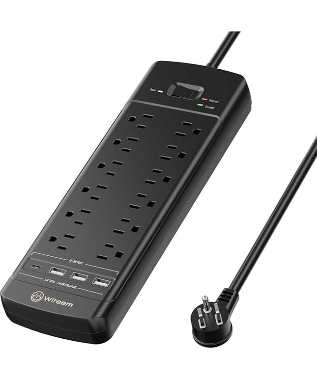 Surge Protector Power Strip - 12 Outlets,3 USB+USB-C 3.4A Ports, 6Ft Extension Cord, 1875W/15A, 4360Joules, Overload Protection - Ideal for Home & Office Use (Black-USBC)