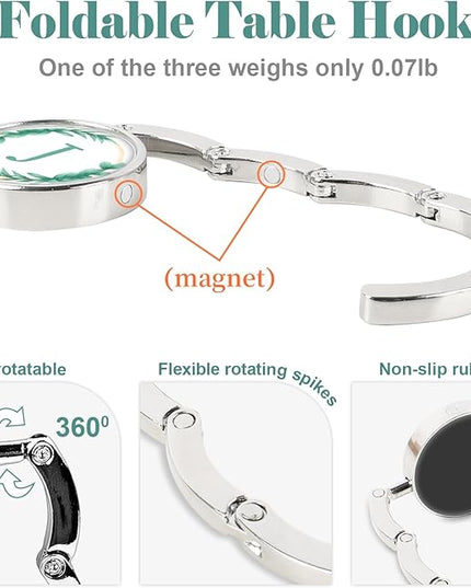 Iqimott 3pcs Personalized Initial Foldable Purse Hook for Table, Flower Letter Folding Handbag Hanger Portable Magnet Table Hook Holder, Collection Desk Purse Hooks for Women Bag (Green-J)
