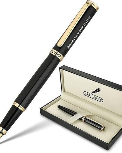 BEILUNER Black Personalized Fountain Pen,Stunning Luxury Lacquer,24K Gilded Nib(Fine),Gorgeous 24K Gold Finish, Ink Converter,Fancy Office Gift for Men&Women-Elegant, Graduation,Nice Pens for Writing