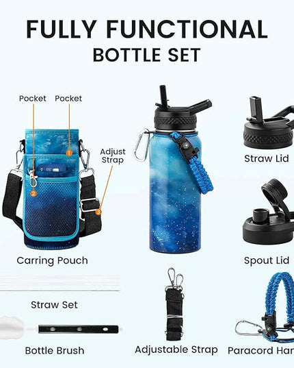 32oz Insulated Water Bottle, Triple Wall Vacuum Stainless Steel Water Bottles - Keeps Cold 48H, Reusable 1/4 Gallon water flask Jug for Gym, Sports, Camping, Hiking,Travel, Aurora-Blue