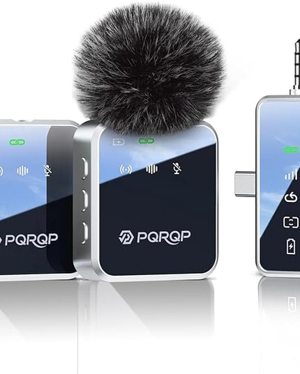 PQRQP 3 in 1 Mini Microphone for iPhone, Android, Camera | 328ft Range & 18H Battery | Noise-Canceling Mini Mic for Interviews, Content Creation, TikTok (Metallic Silver)