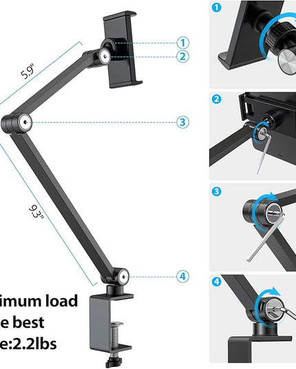 BEWISER iPad Desk Mount, Tablet Stand Holder for Desk or Bed,Rotate 360 Degrees of Flexible, Height and Angle Adjustable, Aluminium Alloy Arm Clamp Mount Compatible with4.7-15.6" Screen (Space Gray)