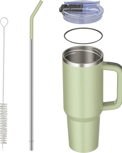 40 oz tumbler with handle and straw,Double Wall Vacuum Reusable Stainless Steel Insulated Water Bottle,With Leak Proof lid and Straw for Iced or Cold Beverages (bay green)