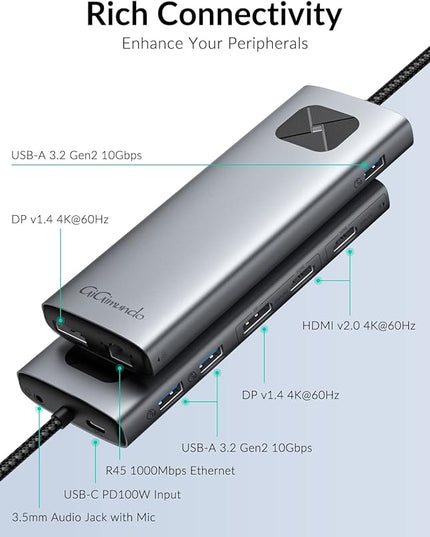 GiGimundo LK10 10 in 1 Laptop Docking Station Dual Monitor, USB C Hub Dual 4K@60Hz HDMI, 2 DP, 3 USB A, 100W PD, 1000Mbps Ethernet, 3.5MM Audio, USB Multiport Adapter for MacBook/DELL/HP/Lenovo