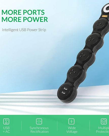 Deformation Power Cord for Large Plug Charger Socket -Flat Plug Power Strip with 2 USB Ports and 4 Multi Outlets, with 6.5FT Extension Cord