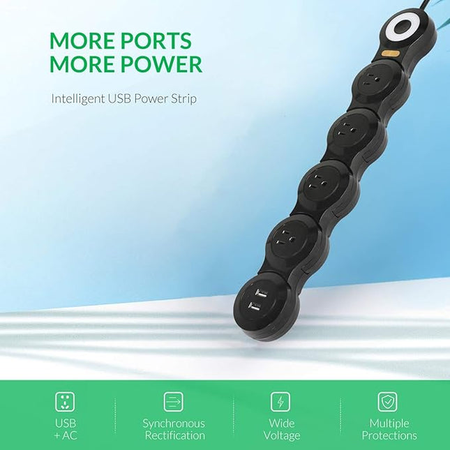 Deformation Power Cord for Large Plug Charger Socket -Flat Plug Power Strip with 2 USB Ports and 4 Multi Outlets, with 6.5FT Extension Cord