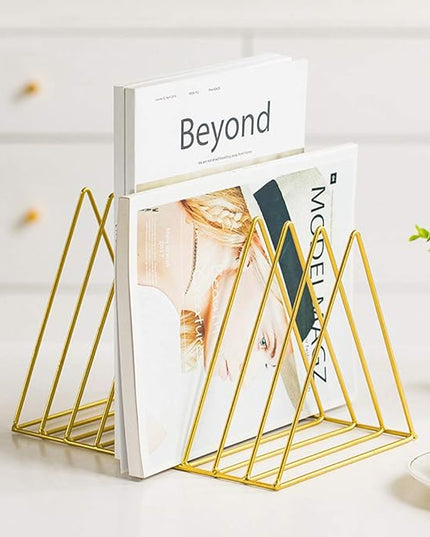 Sooyee 2 Pack 9 Slot Gold Magazine Holder,Desktop File Sorter Organizer Triangle Bookshelf Decor Home Office